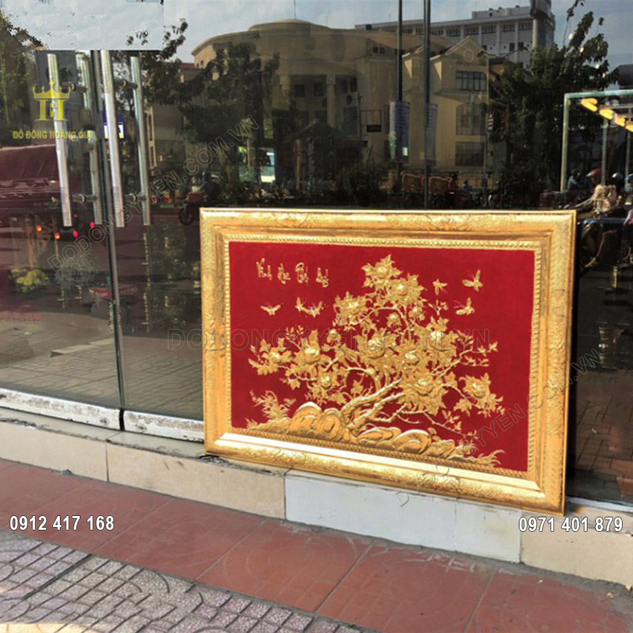 Tranh hoa mẫu đơn khung đồng mạ vàng 24K 1m37