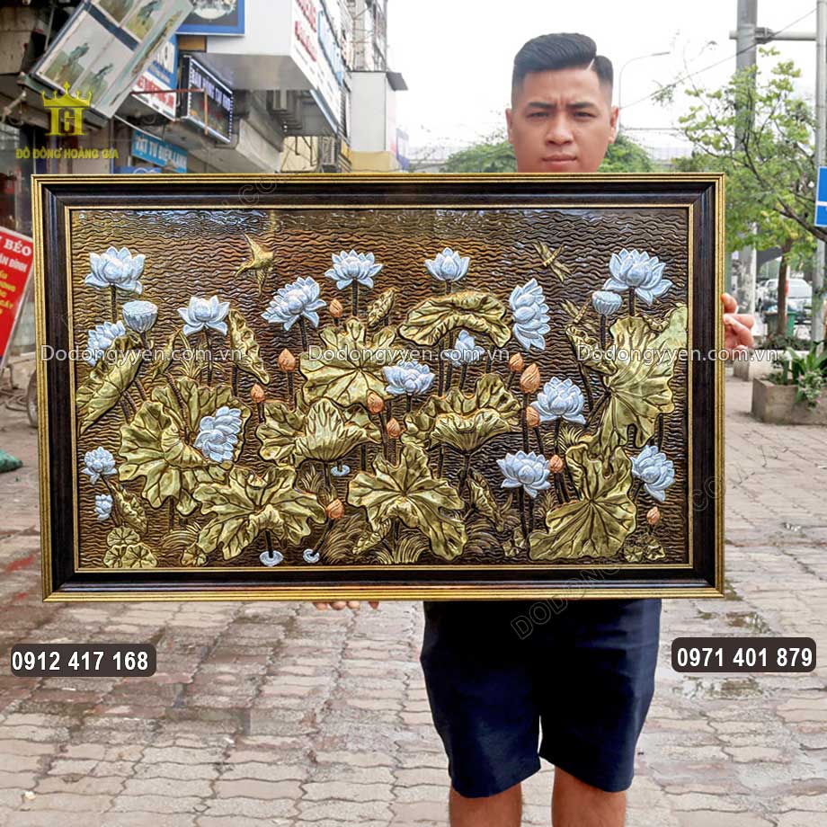 Tranh Hoa Sen Bằng Đồng Điểm Bạc 925 Khổ 1M1