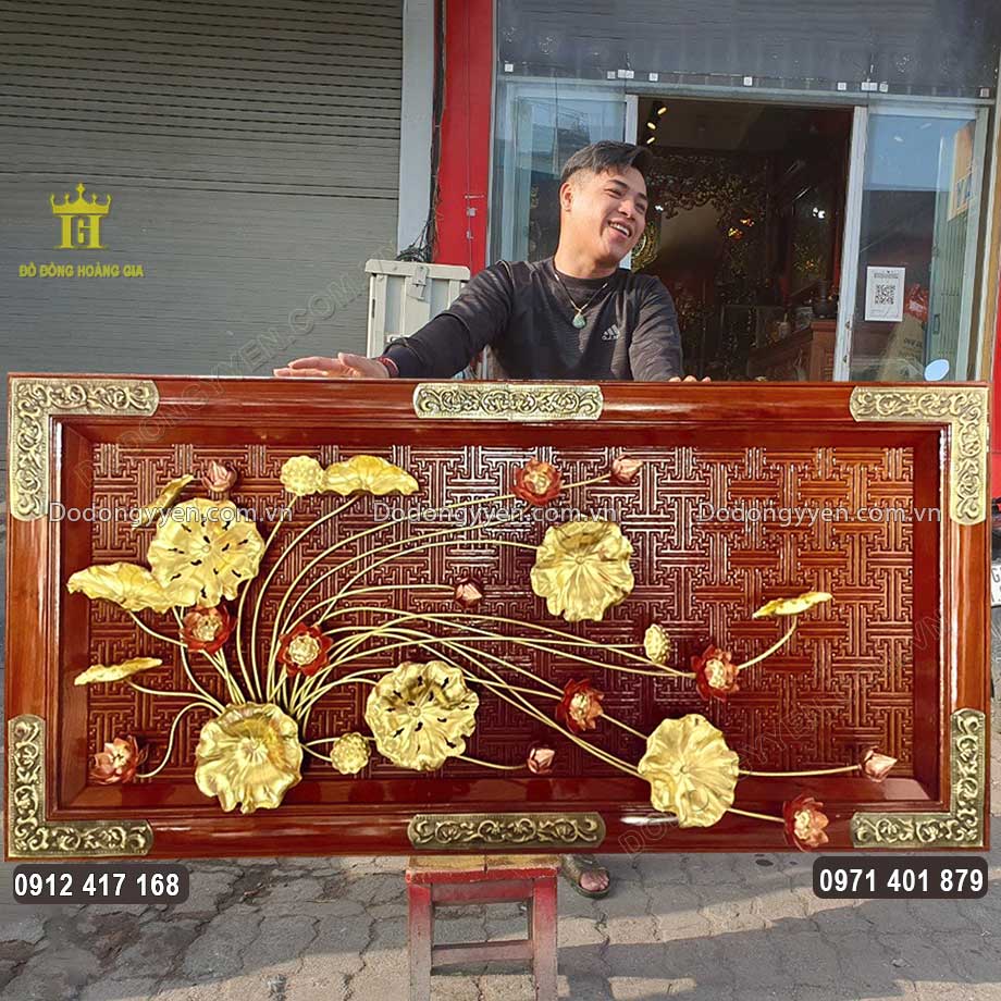 Tranh Hoa Sen Bằng Đồng Gỗ Gụ 1M45