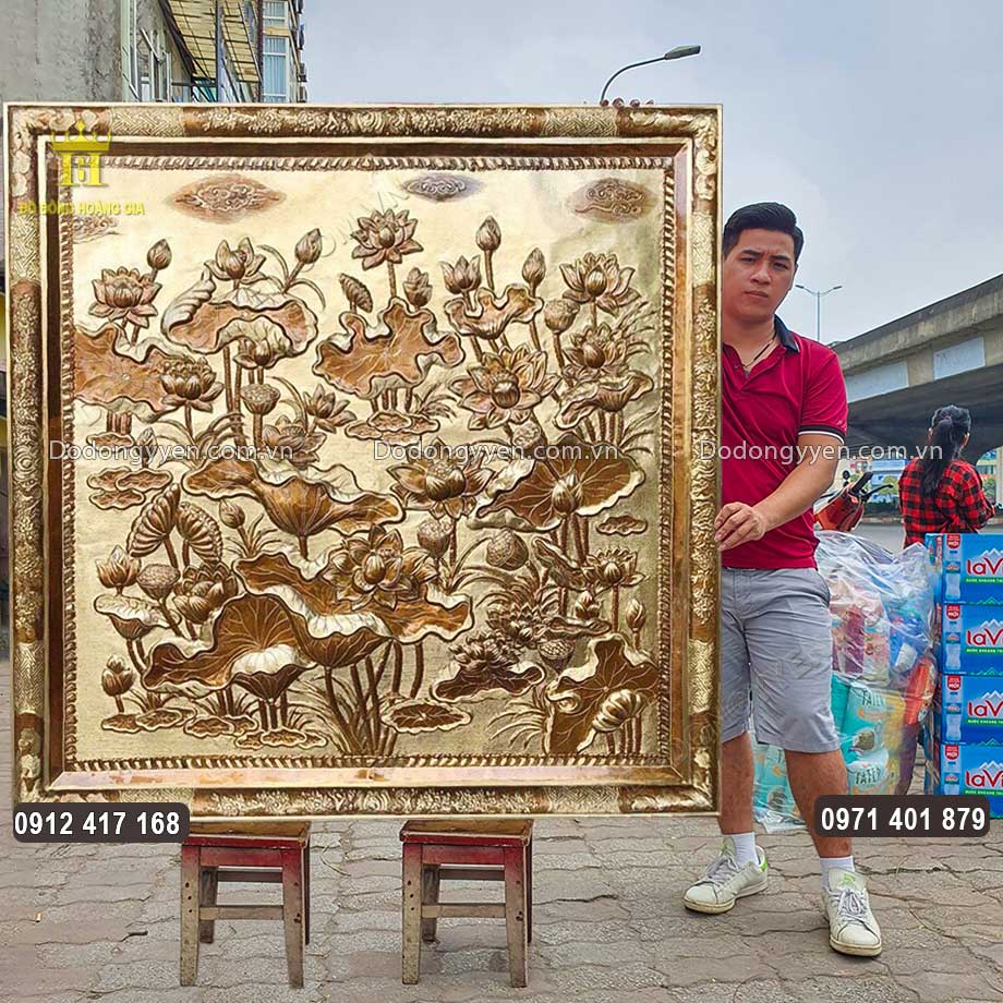 Tranh Phù Điêu Hoa Sen Khung Liền Đồng 1M47