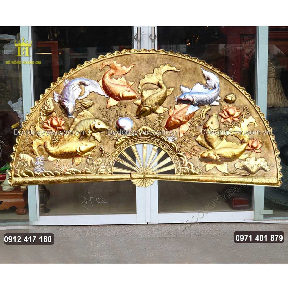 Tranh Quạt Cửu Ngư Hoa Sen Làm Màu Tuyệt Đẹp Dài 1M58