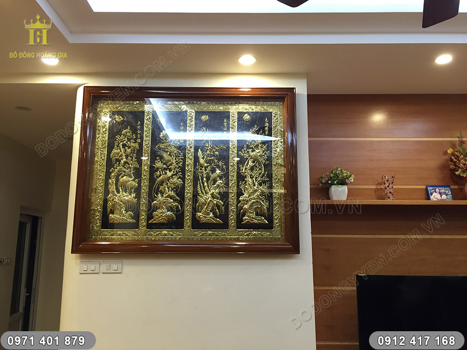 tranh tứ qu&yacute; bằng đồng v&agrave;ng