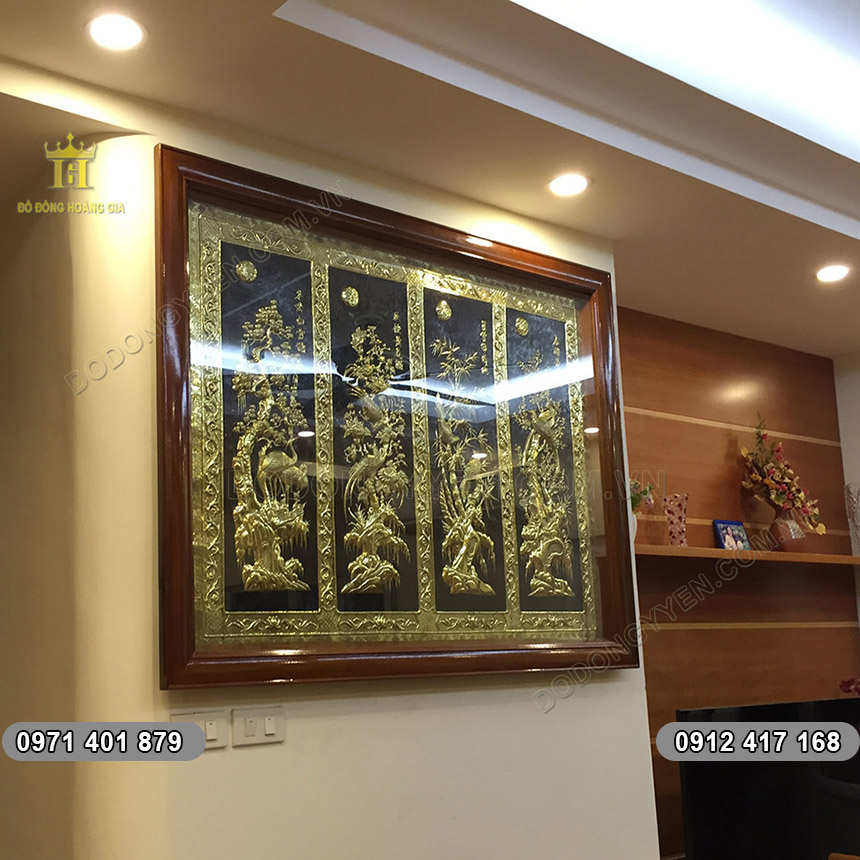 Tranh Tứ Quý Bằng Đồng Vàng Liền Tấm Treo Nhà Chung Cư