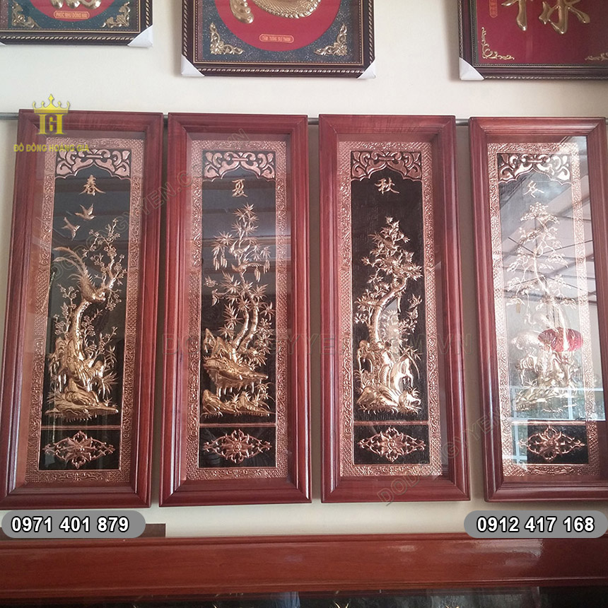 Tranh Tứ Quý Bốn Mùa Khung Gỗ Hương Đỏ
