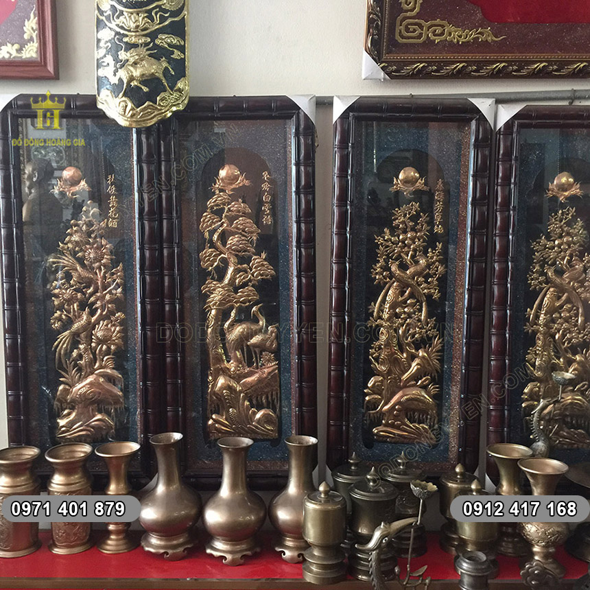Tranh Tứ Quý Đồng Đỏ Khung Đốt Trúc