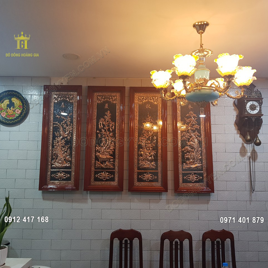 Tranh Tứ Quý Đồng Đỏ Khung Gỗ 1M1