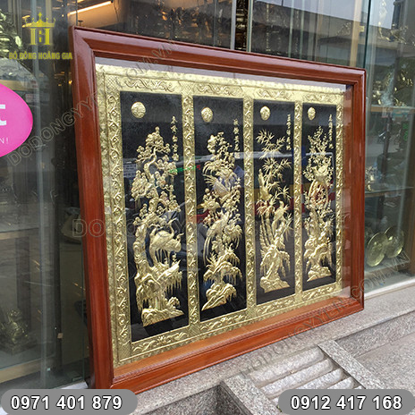 Tranh Tứ Quý tấm liền bằng đồng vàng 1m4 x 1m1