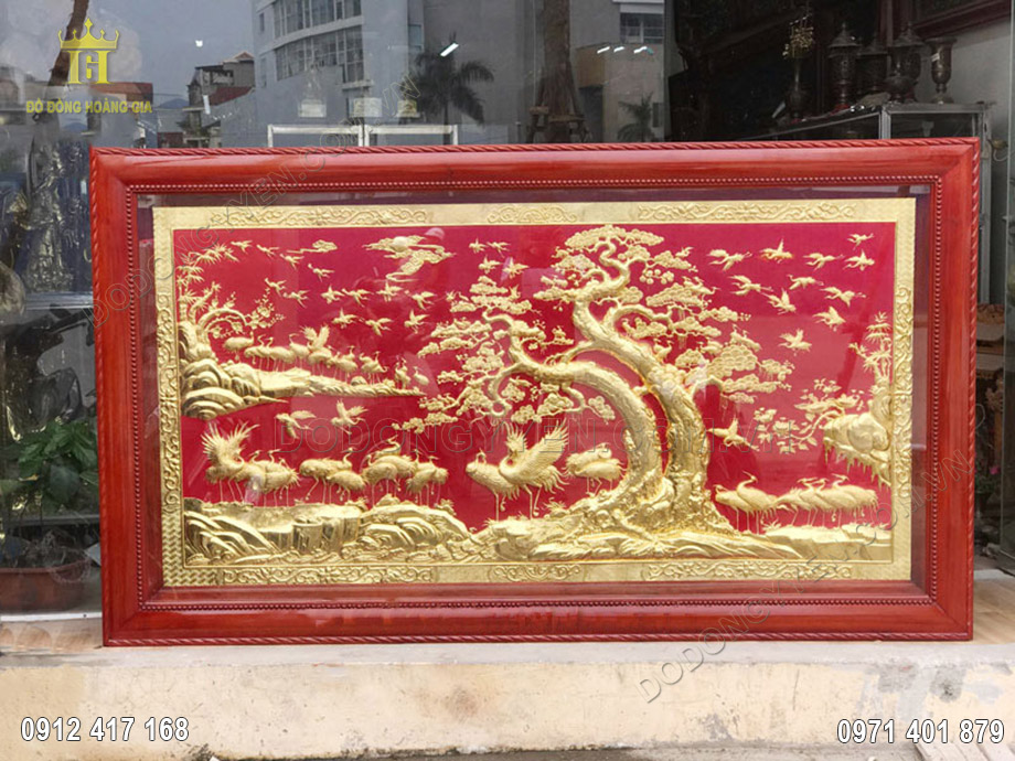 Tranh đồng t&ugrave;ng hạc d&aacute;t v&agrave;ng 9999 2m72