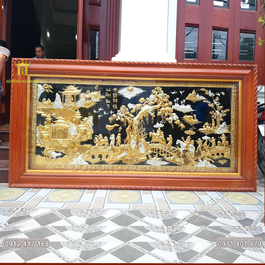 Tranh Vinh Quy Bái Tổ Bằng Đồng Mạ Vàng Bạc 1M97x1M1 