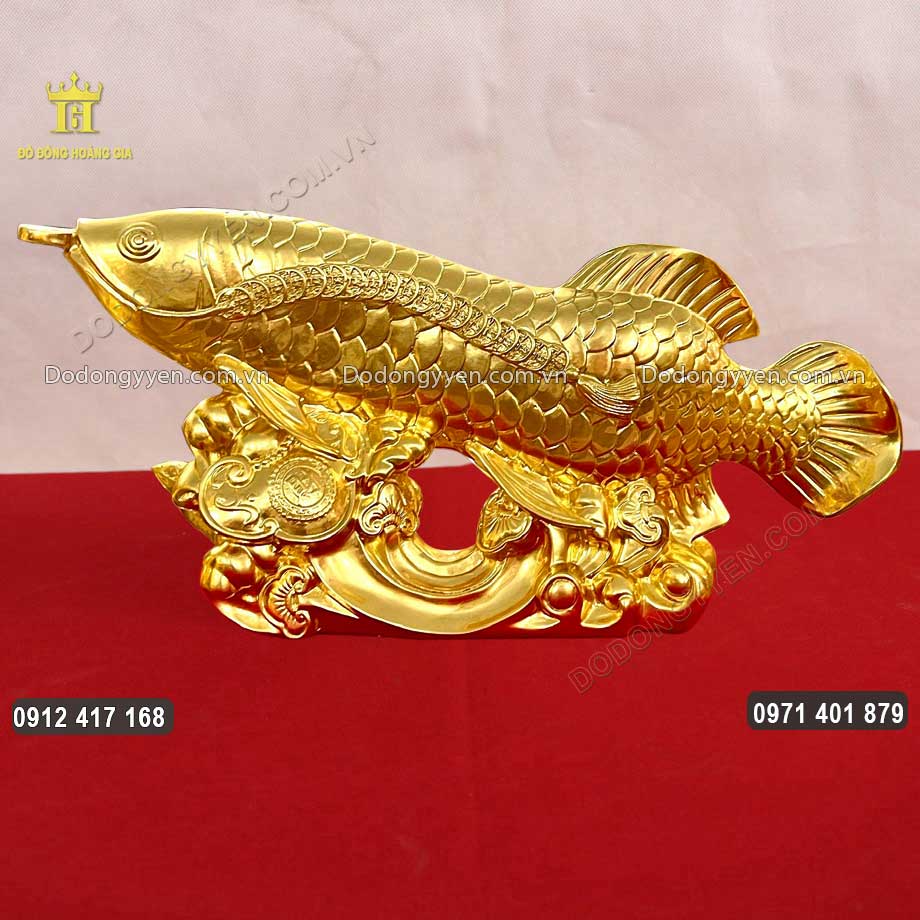 Tượng Cá Rồng Phong Thủy Bằng Đồng Thếp Vàng 9999
