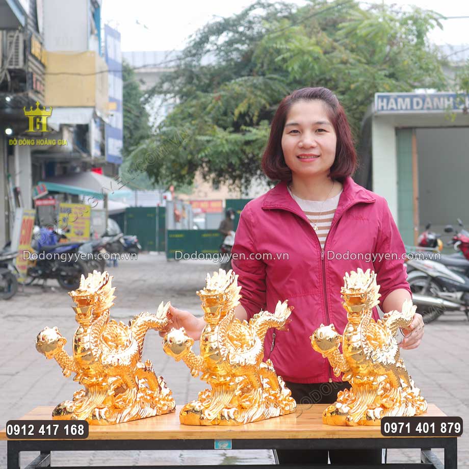 Tượng Linh Vật Rồng D&acirc;ng Ngọc Bằng Đồng Mạ V&agrave;ng 24K D&agrave;i 60Cm