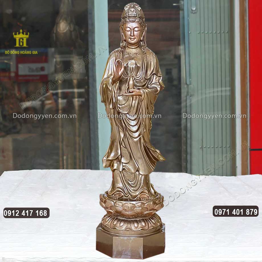Tượng Phật Bà Quan Âm Bồ Tát Dáng Đứng Bằng Đồng Đỏ Làm Màu 1M1