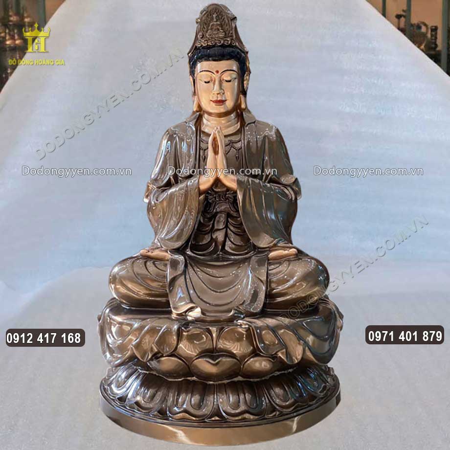 Tượng Phật Bà Quan Âm Ngồi Đài Sen Bằng Đồng Đỏ Làm Màu