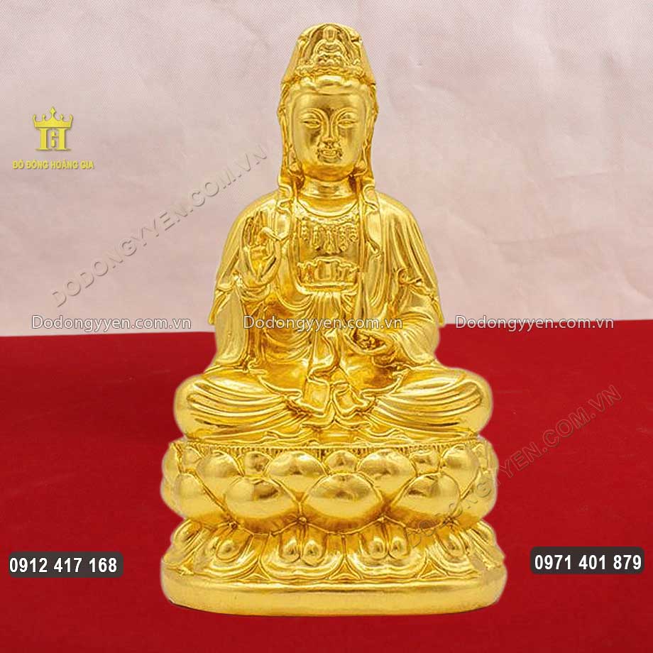 Tượng Phật Bà Quan Âm Ngồi Đài Sen Mạ Vàng 24K