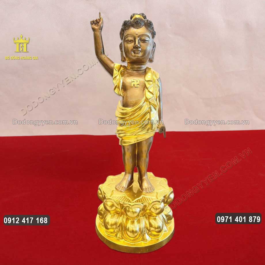 Tượng Phật Đản Sinh Bằng Đồng Đỏ Thếp Điểm Vàng Cao 81Cm