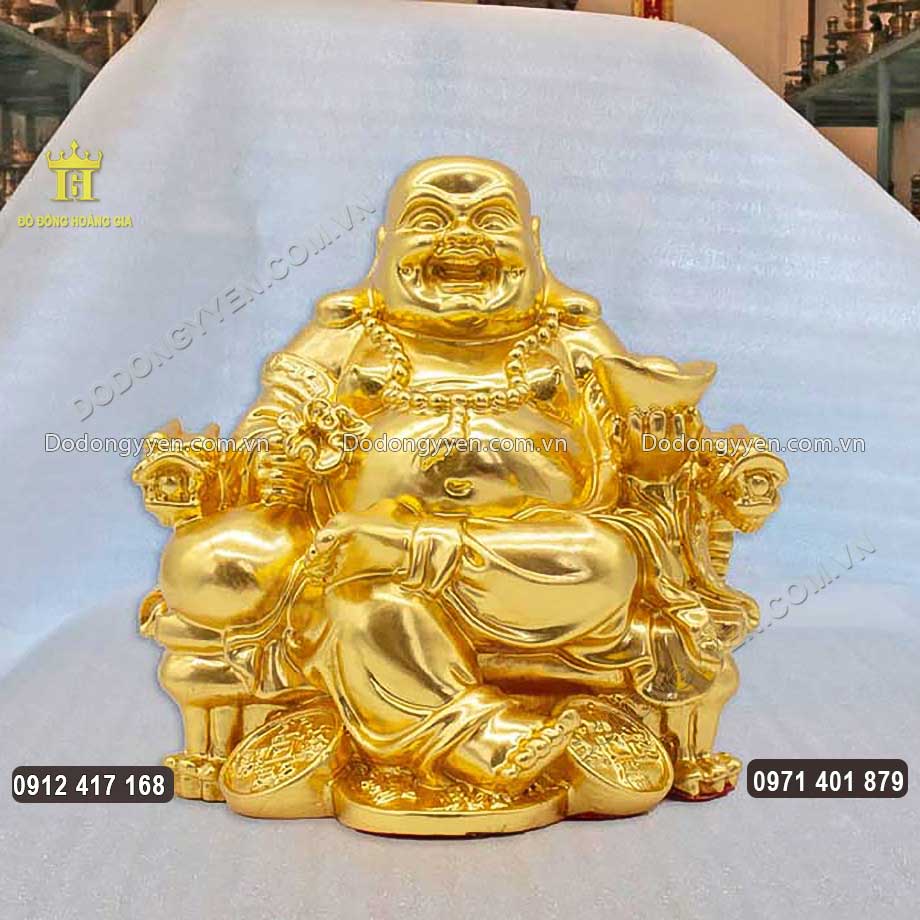 Tượng Phật Di Lặc Ngồi Ngai Rồng Bằng Đồng Dát Vàng 9999