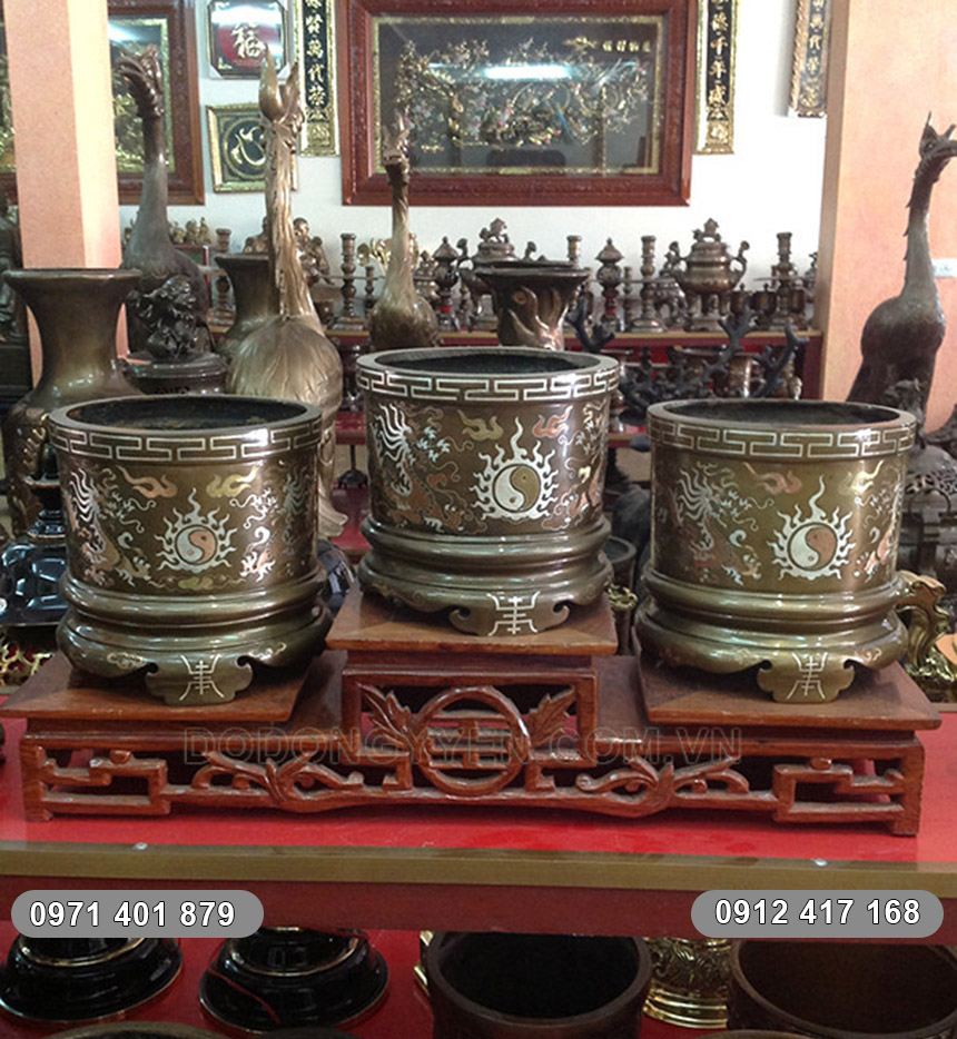 bát hương đồng khảm tam khí bát hương tam khí