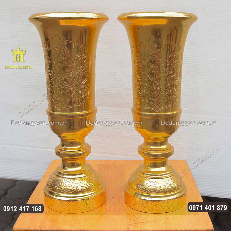 Đôi Ống Cắm Hương Bằng Đồng Dát Vàng 9999 Khắc Hoa Sen