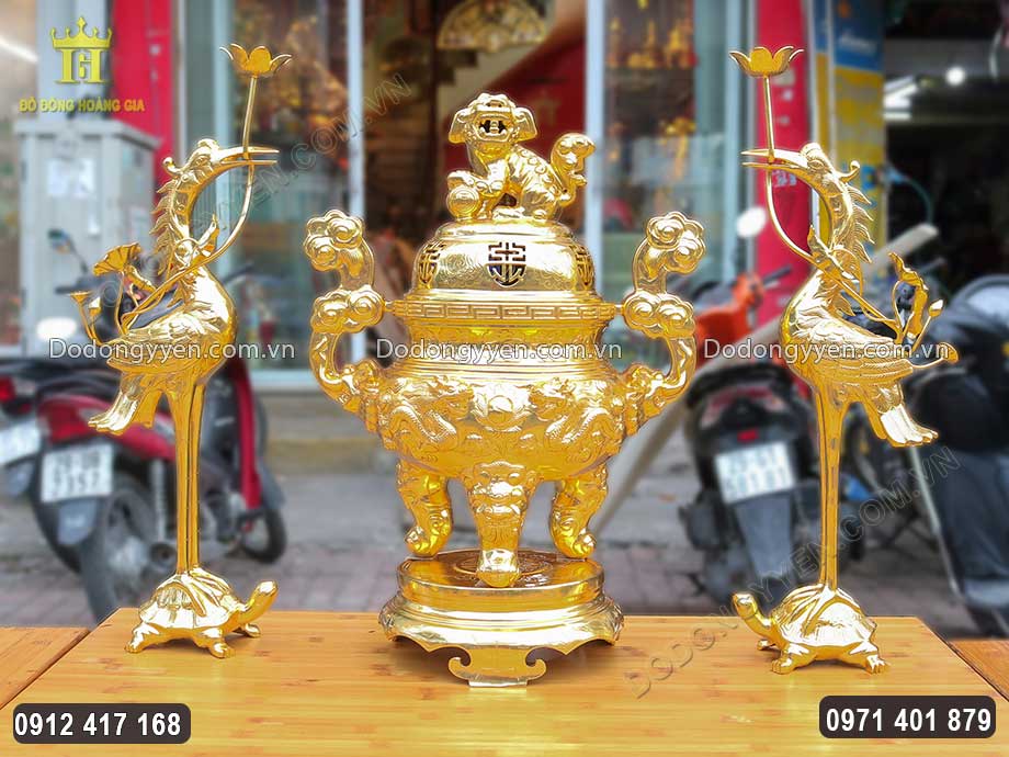 Bộ Tam Sự Đỉnh Hạc Bằng Đồng D&aacute;t V&agrave;ng 9999 Cao 65Cm
