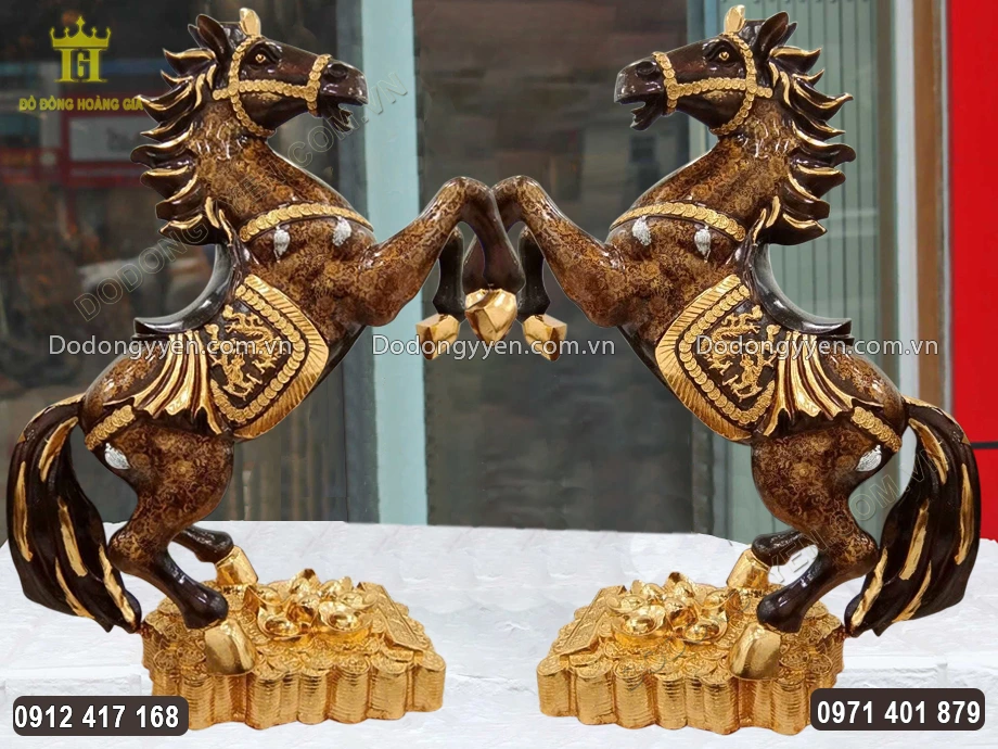 Đ&ocirc;i Ngựa H&iacute; Tuấn M&atilde; Khải Ho&agrave;n Bằng Đồng Thau D&aacute;t Điểm V&agrave;ng 9999 