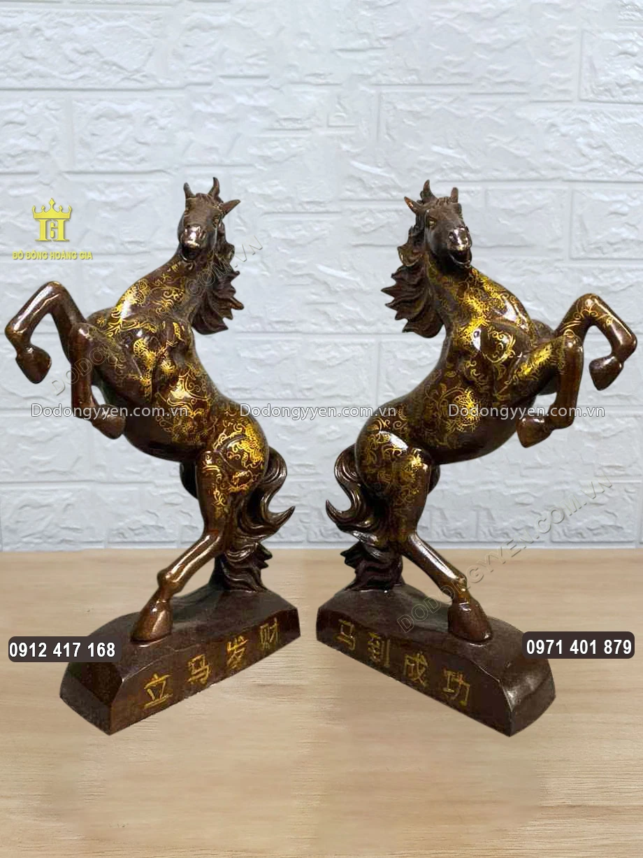 Tượng Đồng Song M&atilde; Uy&ecirc;n Ương Vẽ V&agrave;ng 24K