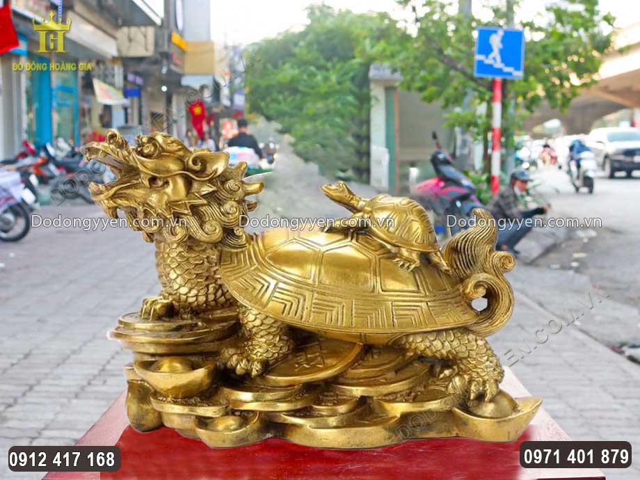 Tượng Long Quy Cõng Con Bằng Đồng Vàng Cao Cấp