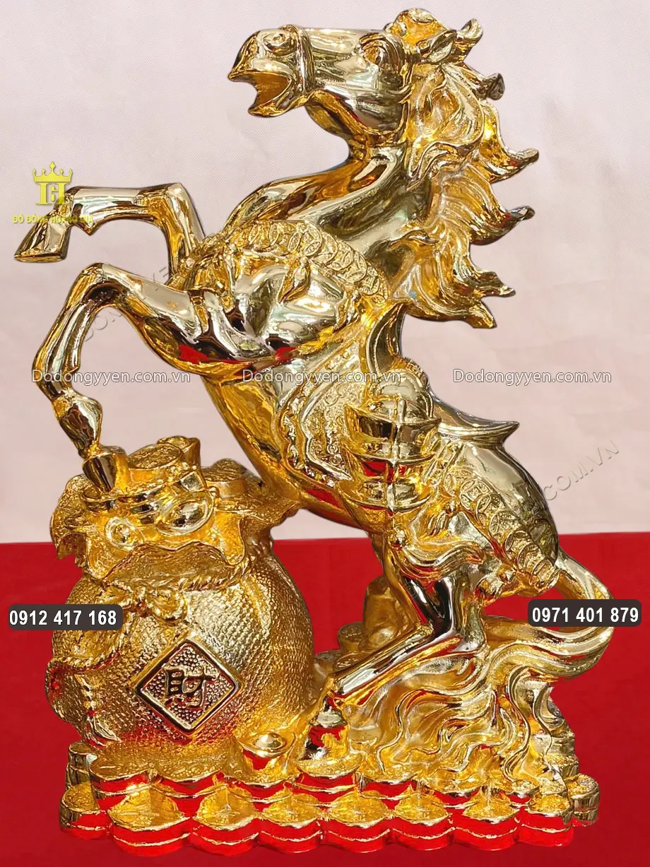 Tượng Ngựa H&yacute; T&uacute;i Tiền T&agrave;i Lộc Bằng Đồng Mạ V&agrave;ng 24K