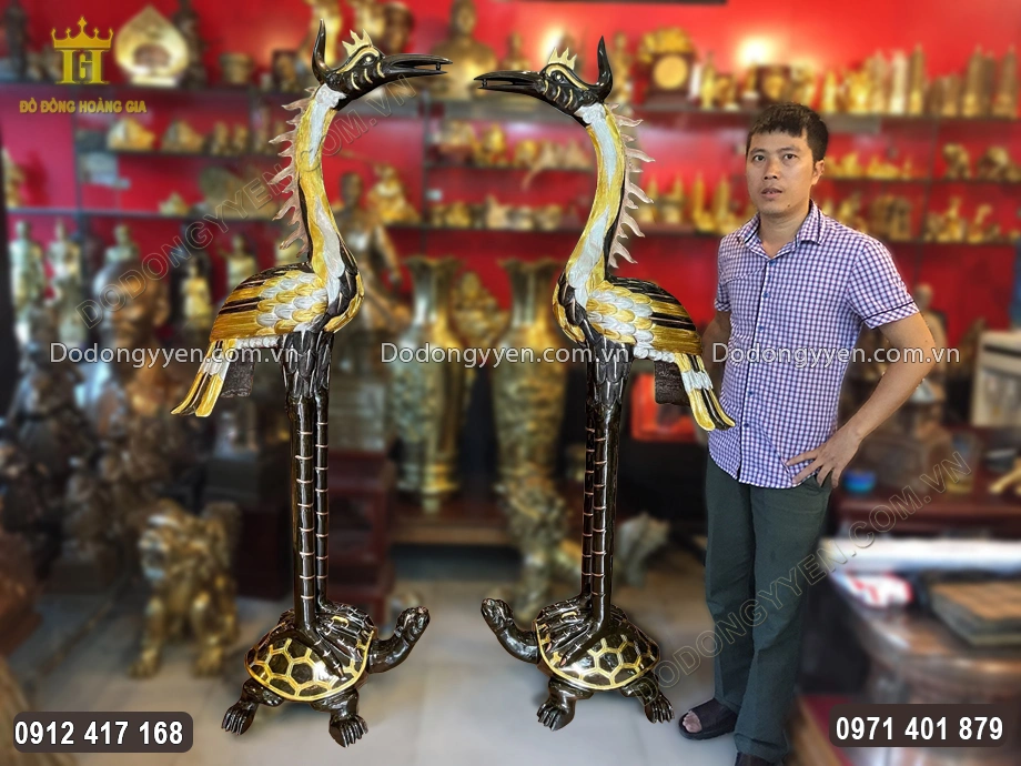 Đ&ocirc;i Hạc Thờ Bằng Đồng Đỏ D&aacute;t Tam Kh&iacute; V&agrave;ng Bạc 1M97