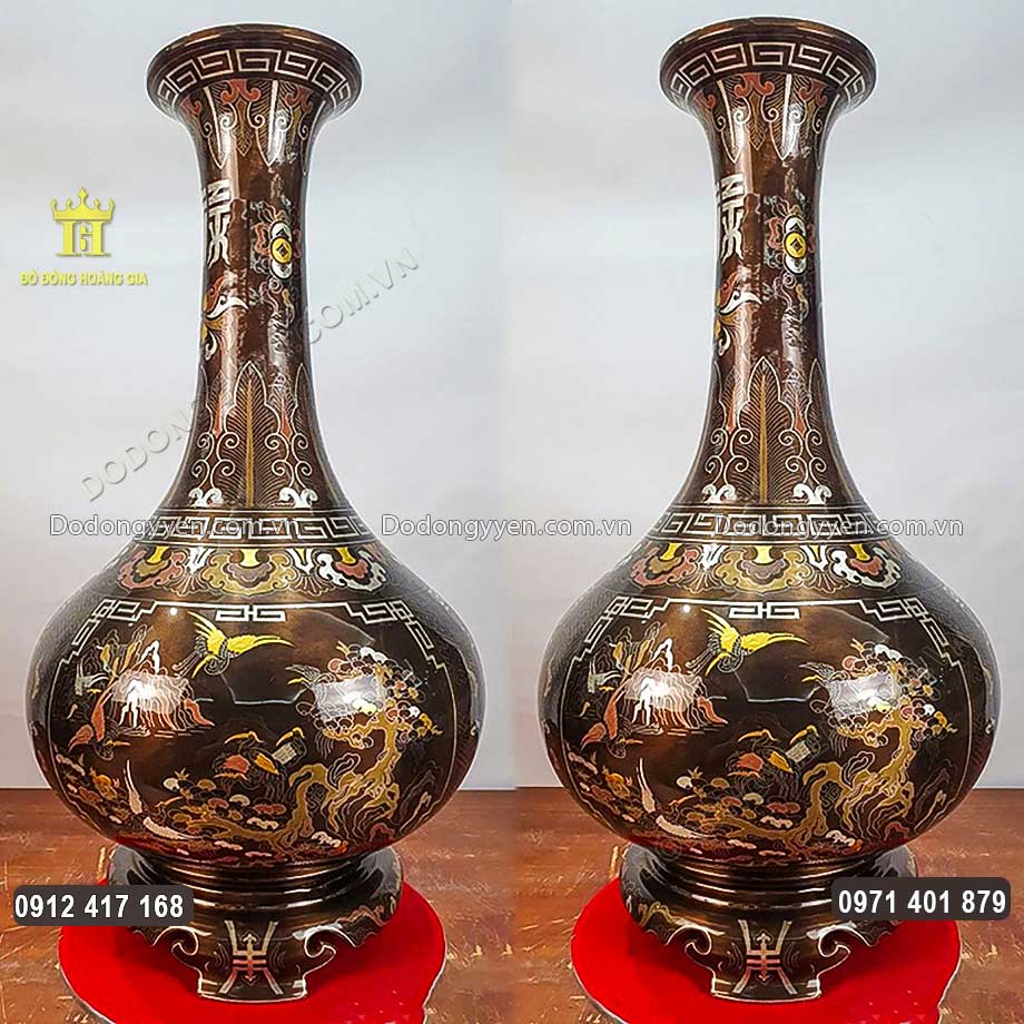 Đôi Lọ Lục Bình Hút Tài Lộc Bằng Đồng Đỏ Khảm Ngũ Sắc Cao 76Cm