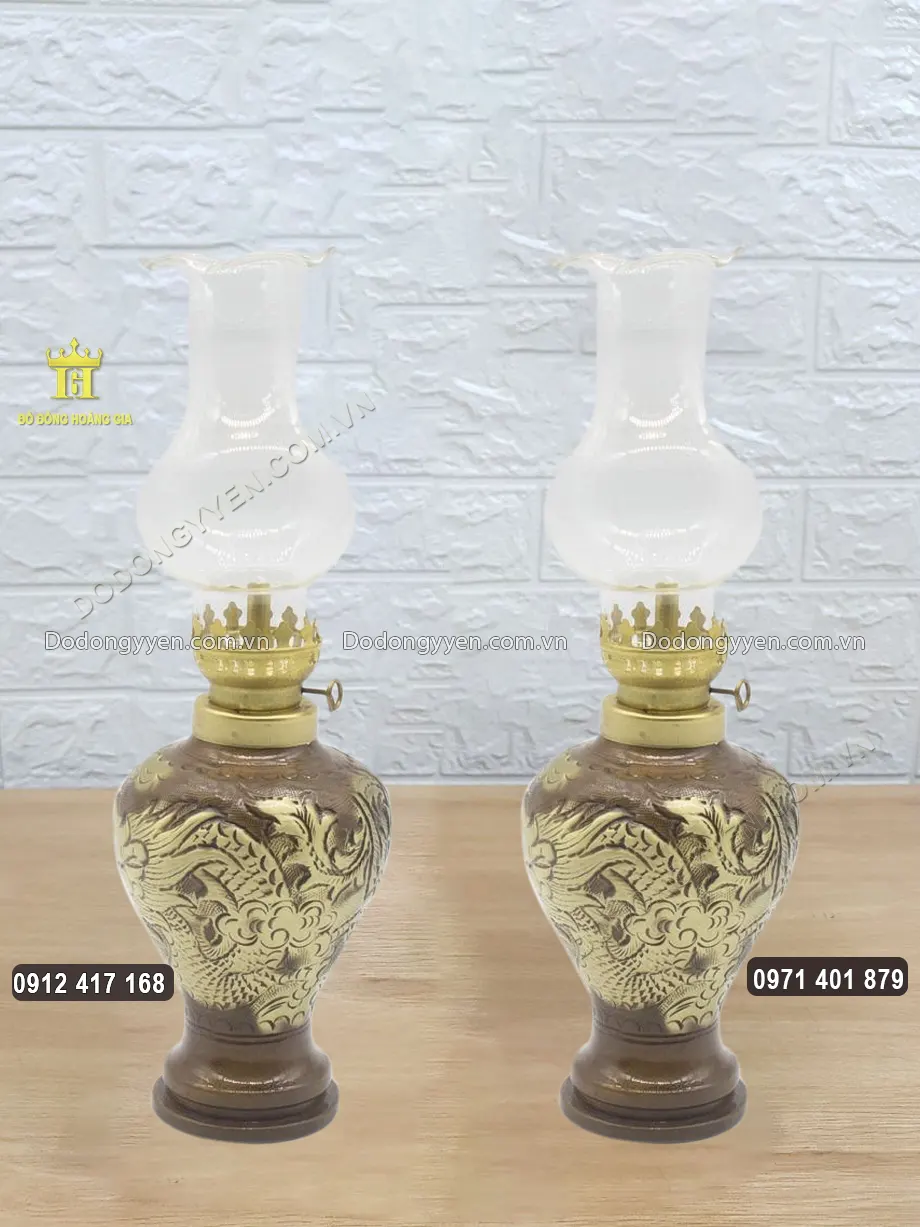 Đ&ocirc;i Đ&egrave;n Dầu Bằng Đồng Chạm Rồng Phượng Cao 15Cm