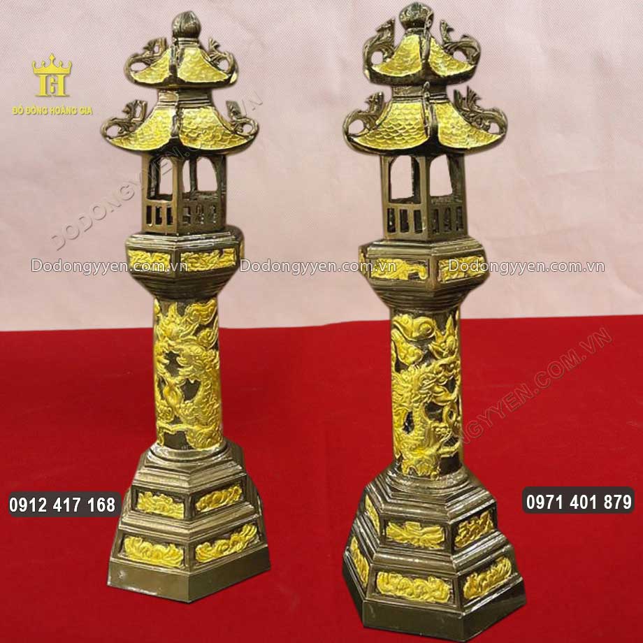 Đ&ocirc;i Đ&egrave;n Thờ C&uacute;ng Bằng Đồng Đỏ Hun Giả Cổ Hoa Văn D&aacute;t V&agrave;ng 9999