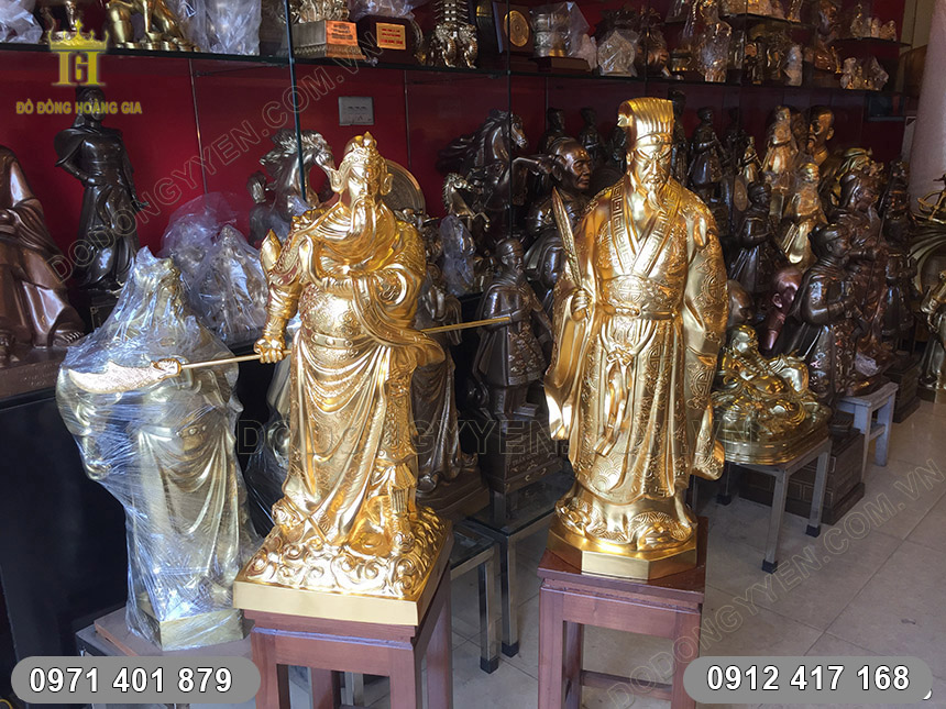 cặp tượng quan c&ocirc;ng khổng minh thếp v&agrave;ng