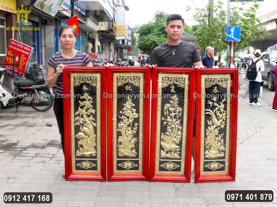 Bộ Tranh Tứ Qu&yacute; T&ugrave;ng C&uacute;c Tr&uacute;c Mai Bằng Đồng V&agrave;ng Tuyệt Đẹp 1M2