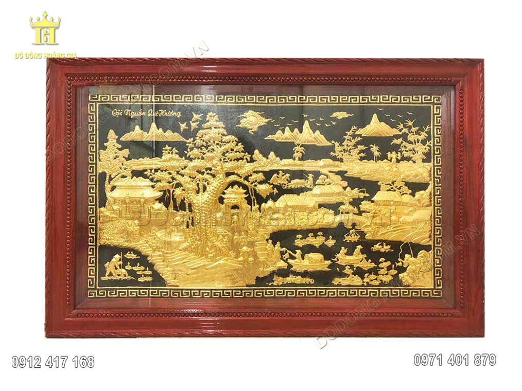 Bức tranh đồng qu&ecirc; được chế t&aacute;c bằng đồng v&agrave;ng tấm mạ v&agrave;ng 24K cao cấp