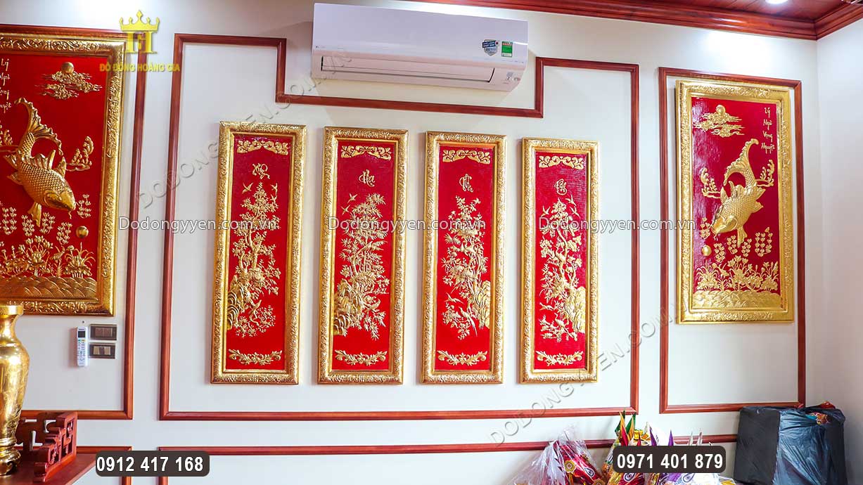 Lắp Đặt Đ&ocirc;i Tranh Đồng L&yacute; Ngư Vọng Nguyệt D&aacute;t V&agrave;ng 9999 Tại Nh&agrave; Kh&aacute;ch VIP