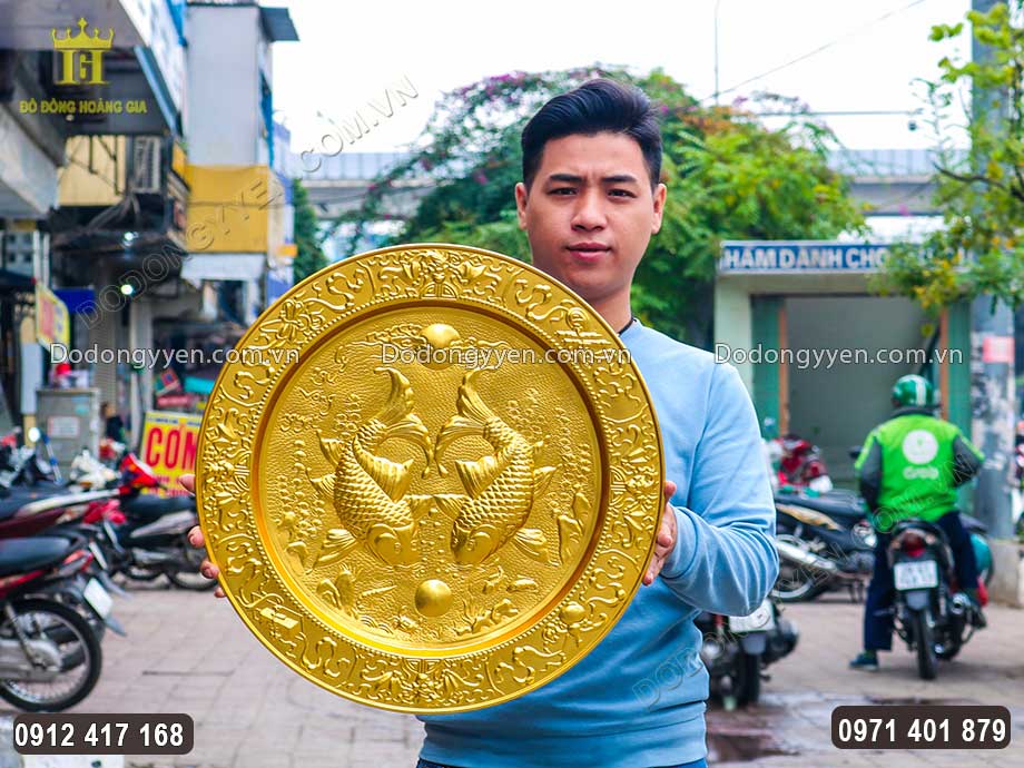 M&acirc;m Đồng L&yacute; Ngư Vọng Nguyệt Mạ V&agrave;ng 24K Cao Cấp
