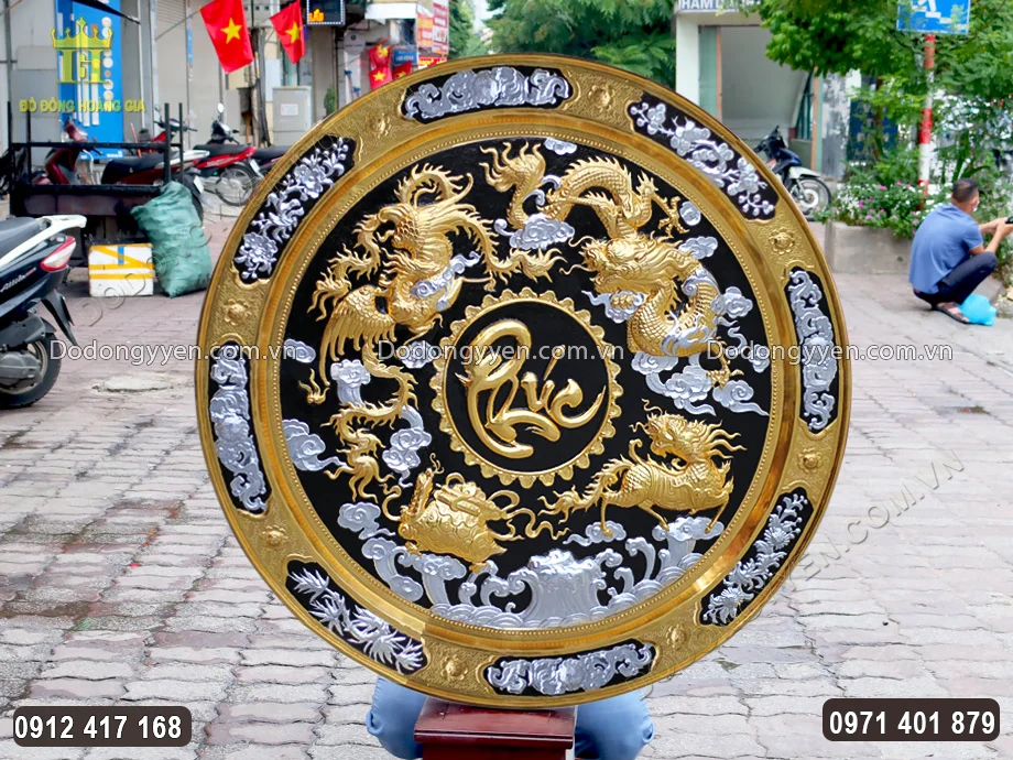 Mâm Đồng Tứ Linh Chữ Phúc Thúc Nổi Dát Vàng Dát Bạc