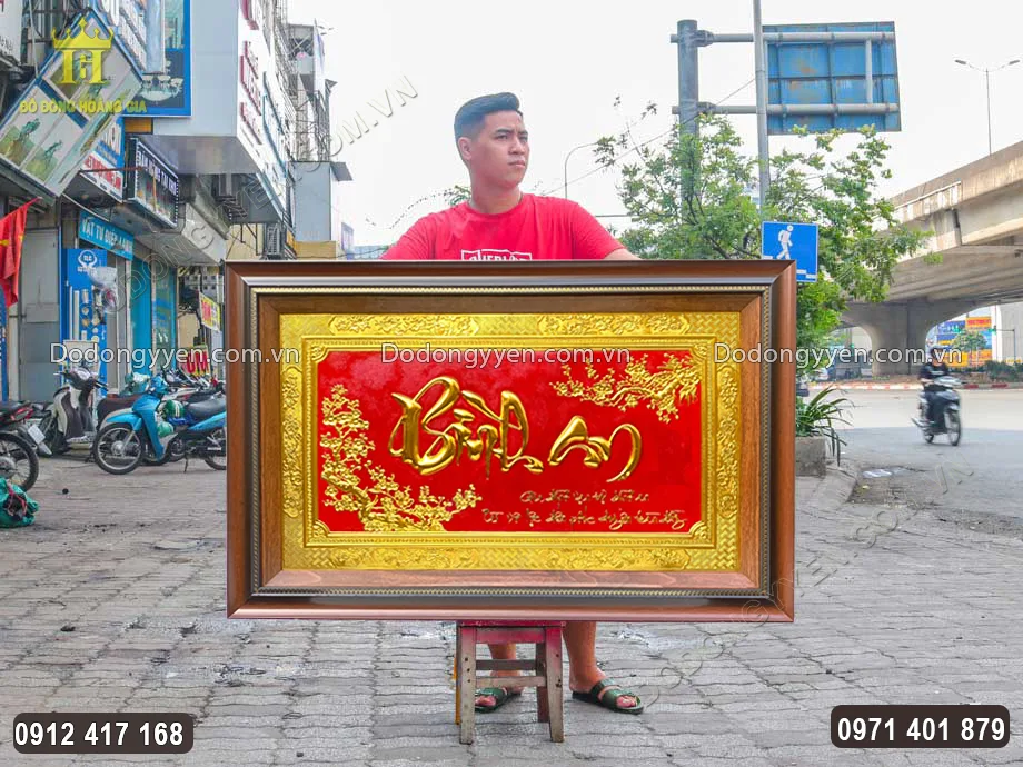 Tranh Chữ Bình An Bằng Đồng Dát Vàng 9999