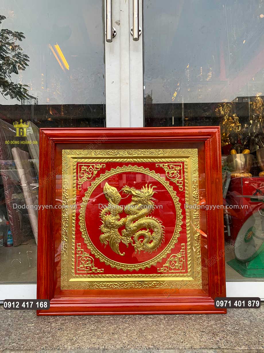Tranh Chữ Ph&uacute;c H&oacute;a Rồng Bằng Đồng V&agrave;ng Khung Gỗ Khổ Vu&ocirc;ng
