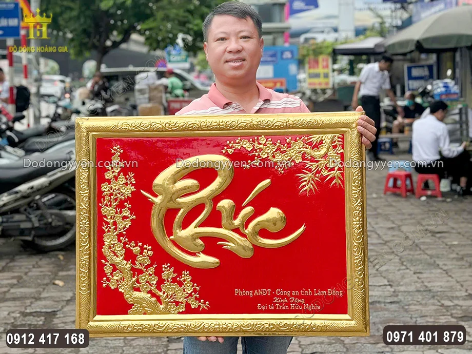 Tranh Chữ Ph&uacute;c Thư Ph&aacute;p D&aacute;t V&agrave;ng 9999 Khung Liền Đồng 