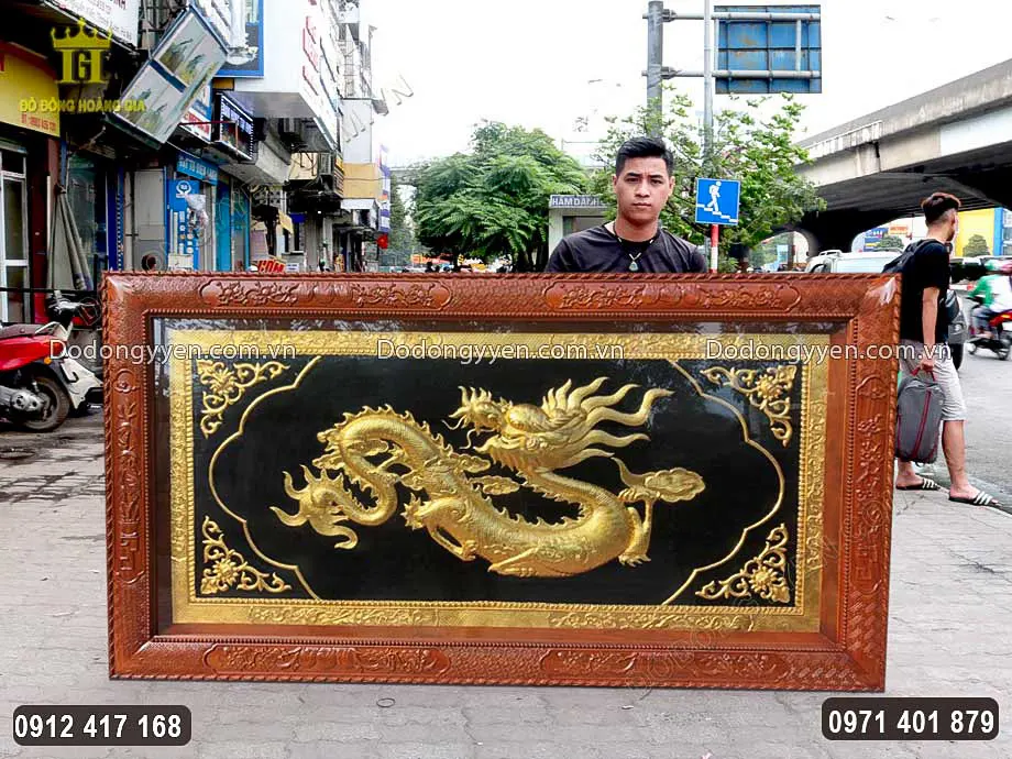 Tranh Chữ T&acirc;m H&oacute;a Rồng D&aacute;t V&agrave;ng 9999 Khung Gỗ Gụ 2M3