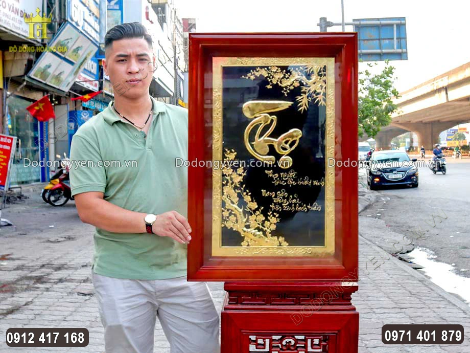 Tranh Chữ Thọ Thư Ph&aacute;p Bằng Đồng Mạ V&agrave;ng 24K