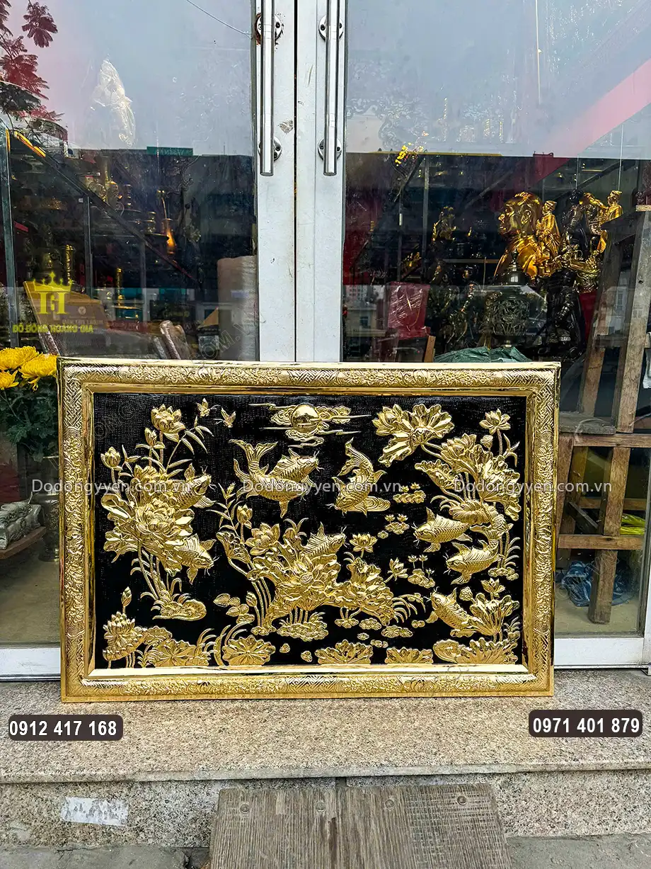 Tranh Cửu Ngư Quần Hội Bằng Đồng Mạ V&agrave;ng 24K