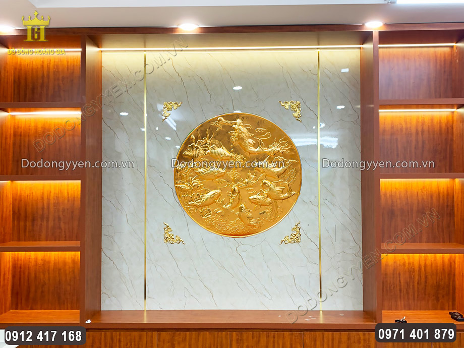Tranh Cửu Ngư Quần Hội - C&aacute; Ch&eacute;p H&oacute;a Rồng Bằng Đồng D&aacute;t V&agrave;ng 9999