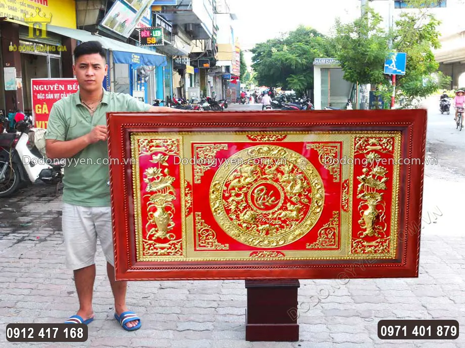 Tranh Đồng Chữ Ph&uacute;c Tứ Linh Hoa Sen Mạ V&agrave;ng 24K