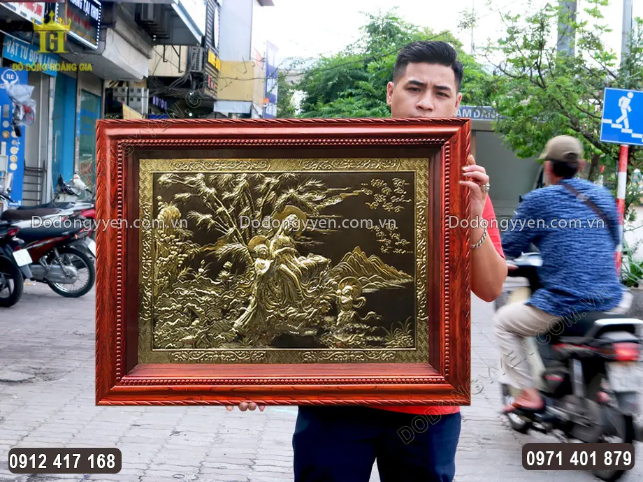 Tranh Đồng Phật Quan Âm Bồ Tát Khung Gỗ Hương 1M07