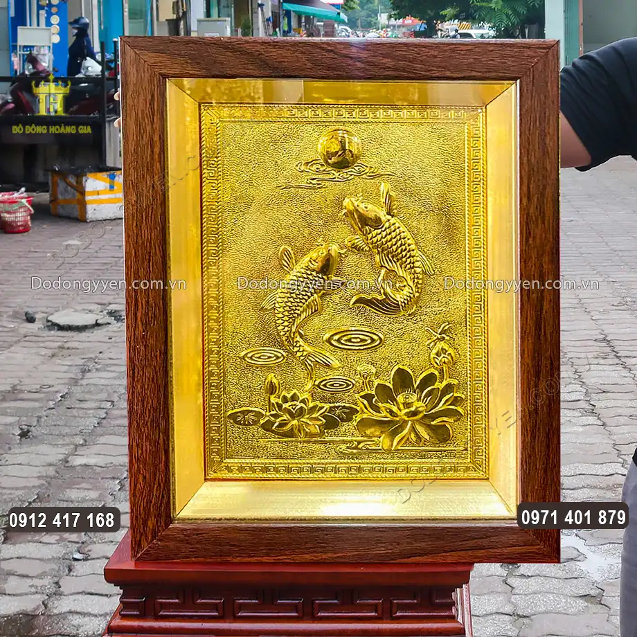 Tranh Đồng Song Ngư C&aacute;t Hạnh Mạ V&agrave;ng 24K