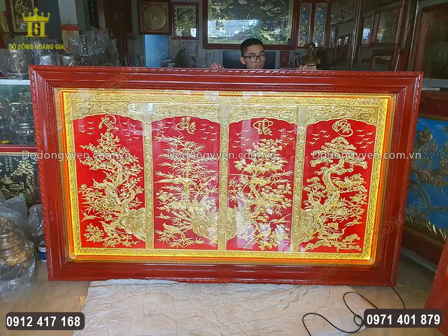 Tranh Đồng Tứ Qu&yacute; D&aacute;t V&agrave;ng 24K 2M50