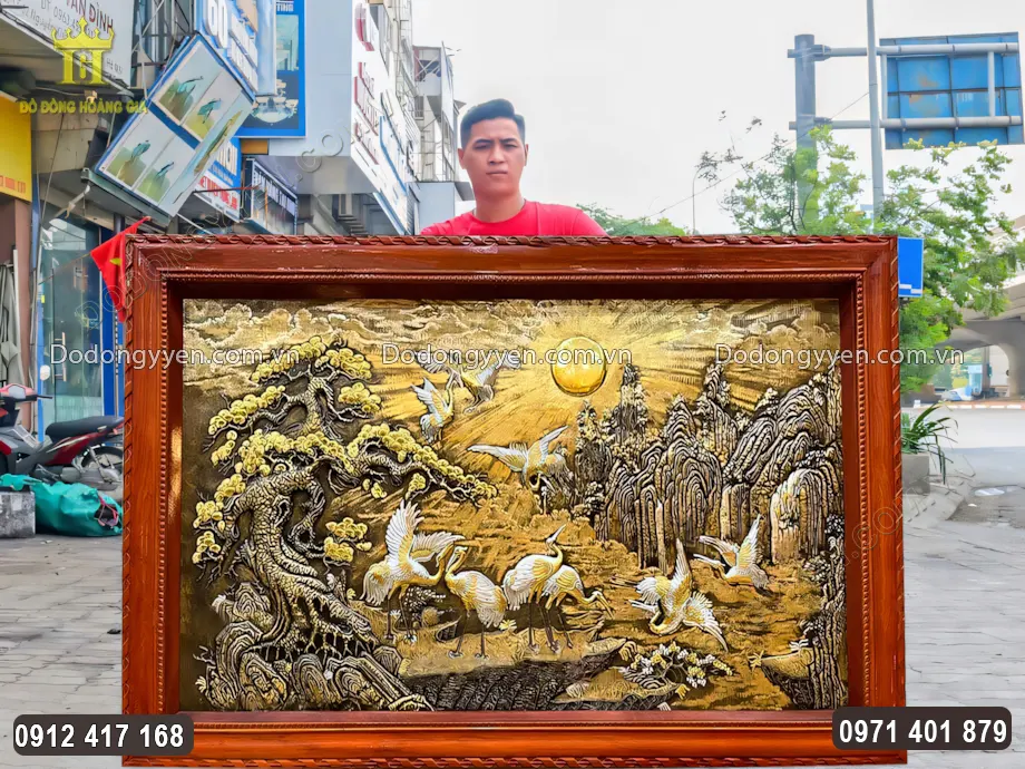 Tranh Đồng T&ugrave;ng Hạc Di&ecirc;n Ni&ecirc;n Nền Xước D&aacute;t V&agrave;ng Bạc