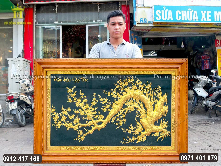 Tranh Mai Khai Ngũ Phúc Bằng Đồng Mạ Vàng 24K